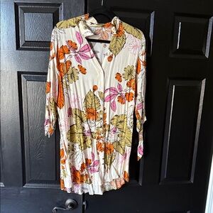Floral Button-Front Tunic Shirt - Cream with Orange, Pink & Olive Leaves